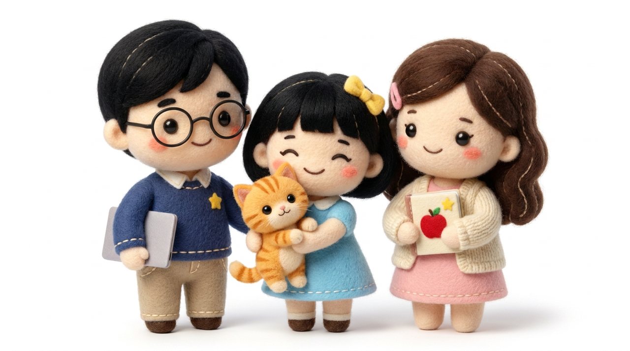 펠트 인형으로 만든 하루랑 가족: 안경 쓴 아빠, 고양이 하루를 안은 일곱 살 딸, 그림책을 든 엄마