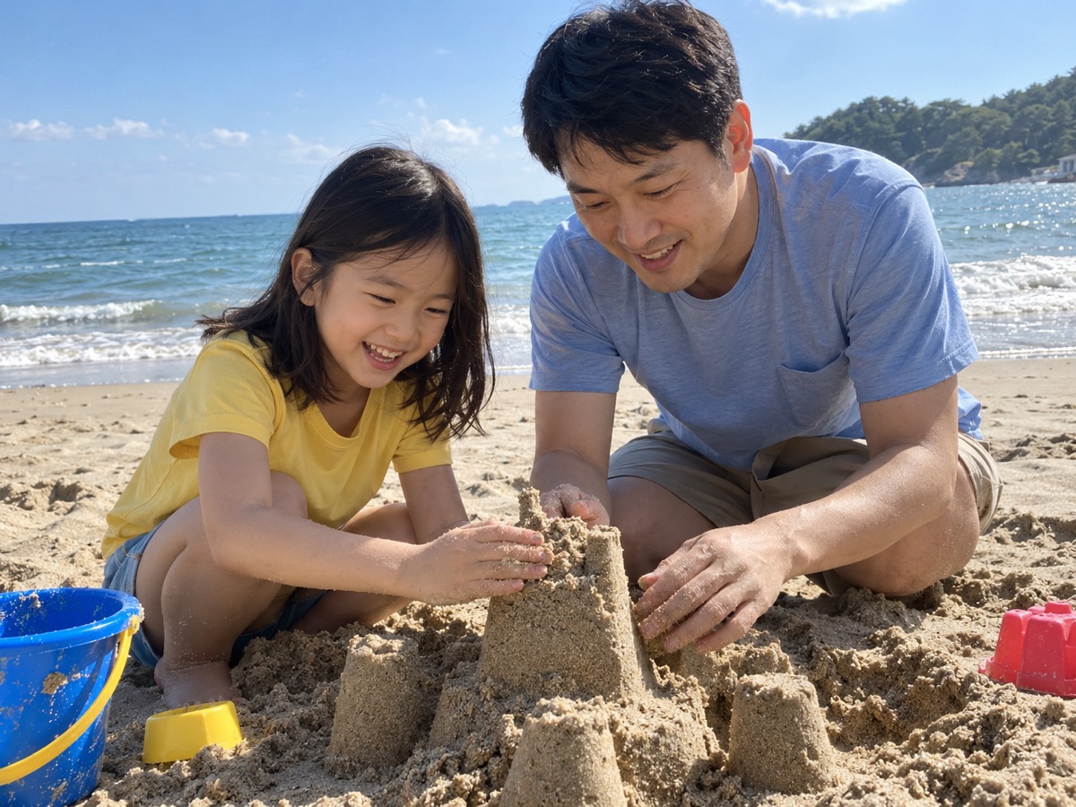 바닷가에서 아빠와 모래성을 쌓는 아이