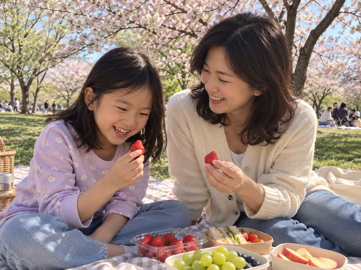 벚꽃 아래에서 엄마와 소풍하는 아이