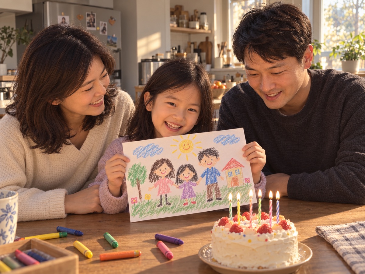 생일날 그림을 들고 웃는 아이와 엄마 아빠
